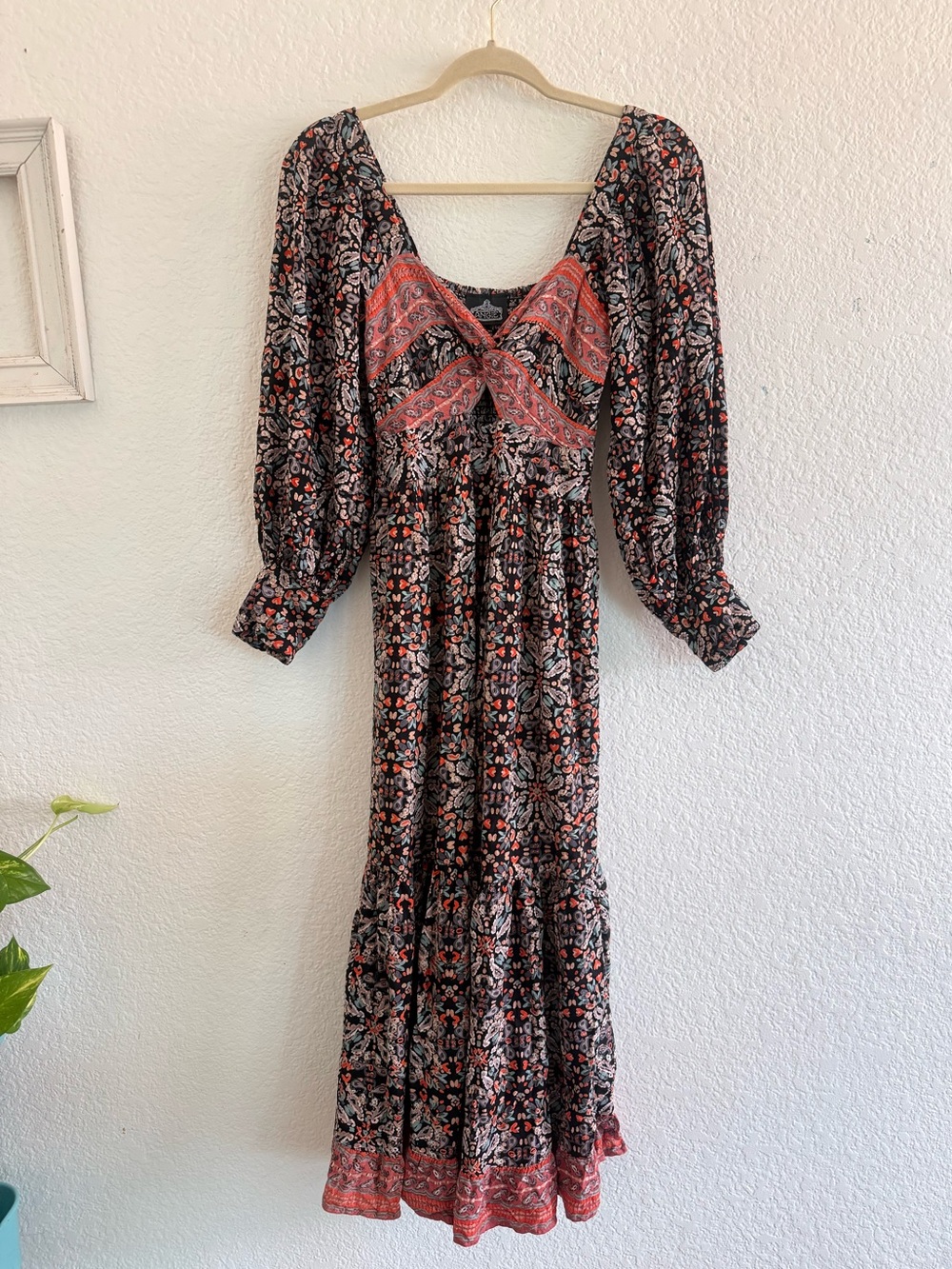 Bohemian Floral Paisley Maxi Dress in Black and Coral
